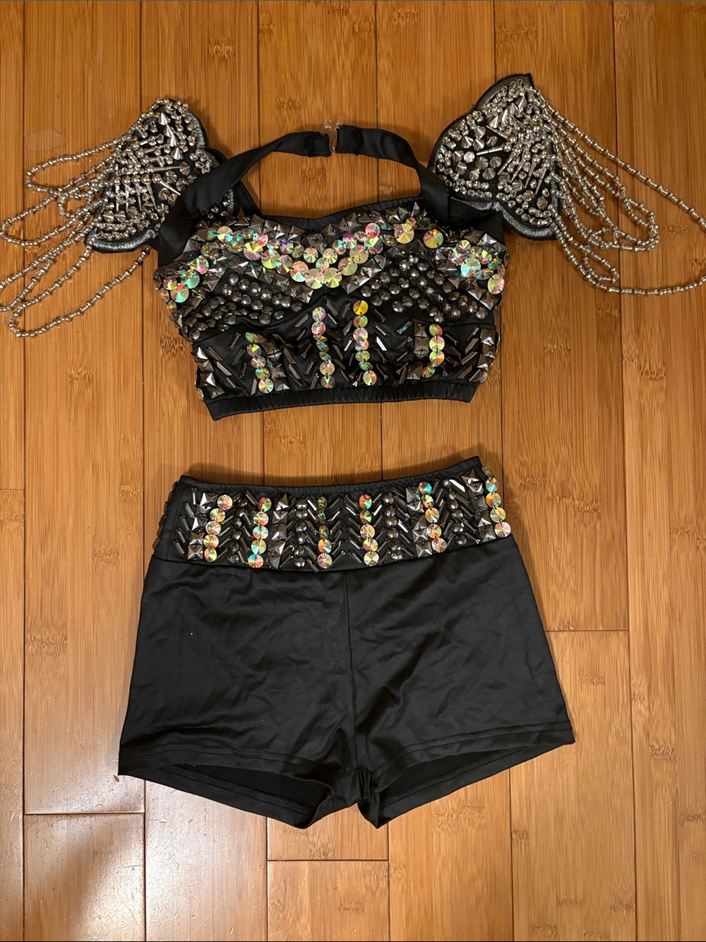 VTG Sexy Black Embellished Crop Top with Sequin Fringe & Short Women's Party Top